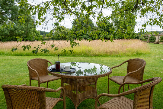 Tea Room Garden Furniture At Bourton House Gardens, Morton In Marsh. Market Town In The Cotswolds,  Gloucestershire, England, Uk