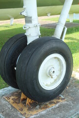 Fototapeta premium wheels from a retired Indonesian Air Force military aircraft on display at the aerospace museum in Yogyakarta, Indonesia