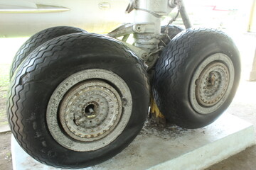 wheels from a retired Indonesian Air Force military aircraft on display at the aerospace museum in...