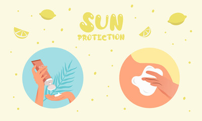 Hands with sun cream. Sunblock, skin protection, skin care products. The importance of using SPF. Sunscreen vector illustration.