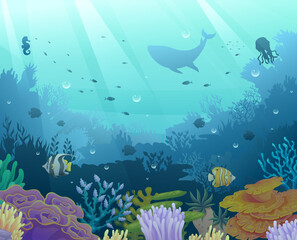 Fototapeta na wymiar Underwater marine life illustration. Undersea world with sea ocean animals and coral reefs silhouette background