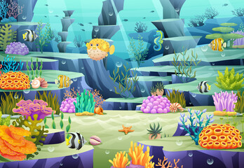 Undersea marine life illustration. Underwater world with sea ocean animals, coral reef and seashell in cartoon style © YG Studio