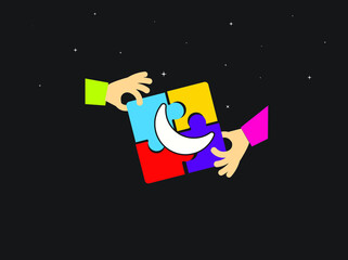 Autism child created a half moon in puzzle. world autism day and Eid concept. colorful vector background.