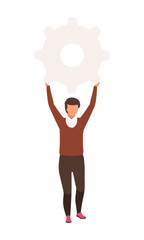 Man with gear under head semi flat color vector character. Standing figure. Coming up with strategy. Full body person on white. Simple cartoon style illustration for web graphic design and animation