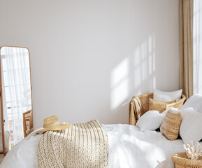 Home mockup, bedroom interior background with rattan furniture and blank wall, Coastal style, 3d render © artjafara