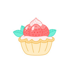 Strawberry dessert. Flat cartoon illustration of a creamy cupcake isolated on a white background. Vector 10 EPS.
