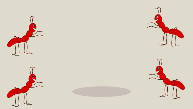 Red worker ant with appearing of ants with beige and green background - animation
