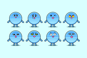 Set kawaii pill medicine cartoon character with different expressions of cartoon face illustrations