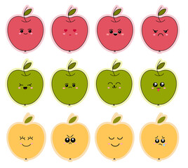 Set of emoticon stickers on colorful apples. Funny cartoon emoticons. Vector illustration isolated on white background
