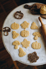 plastic molds for cookies in the form of pumpkins and mushrooms. shortbread dough for cookies in the form of pumpkins, leaves and mushrooms top view.