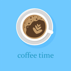 Fragrant black espresso with foam, top view. Cup of coffee and place for your text.