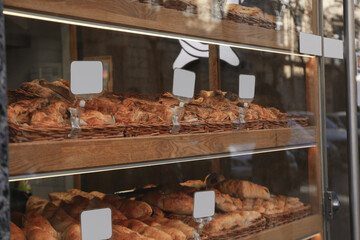 Showcase with bakery with empty price labels