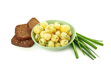 Concept of tasty food with boiled young potatoes, isolated on white background