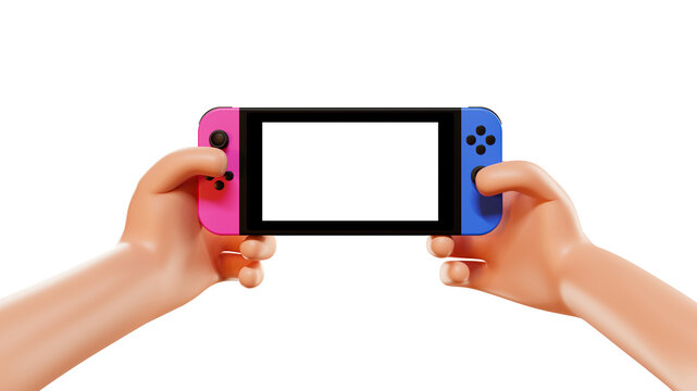 Nintendo Switch. Cartoon hands holding a portable gaming console, 3d render. Hands use a video game console with a blank screen.