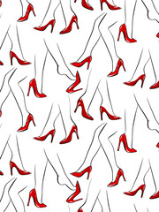 Fashion vector seamless pattern with red shoes on white background.