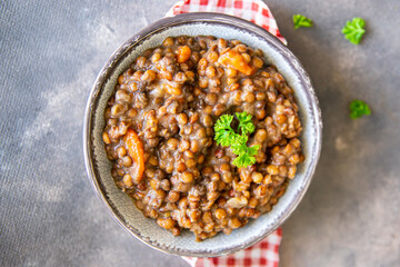 lentils with vegetables cuisine fresh healthy meal food snack diet on the table copy space food background rustic top view keto or paleo diet veggie vegan or vegetarian food no meat