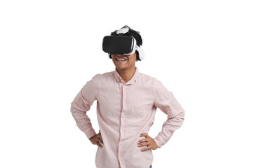 Young peruvian man laughing wearing virtual reality headset. Isolated over white background.