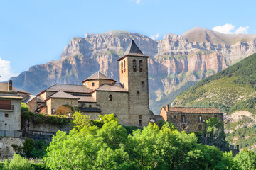 views of torla ordesa town with monte perdido mountain at background