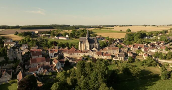 Aerial view of the church of Montr&eacute;sor during sunset in France.