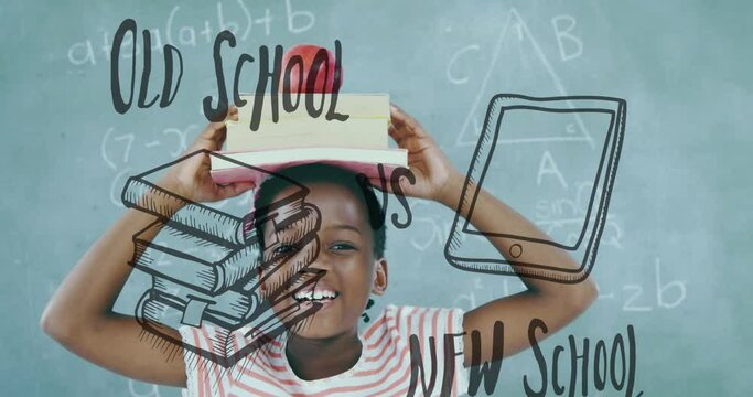 Animation of old school new school over happy afican american boy with books over math formulas