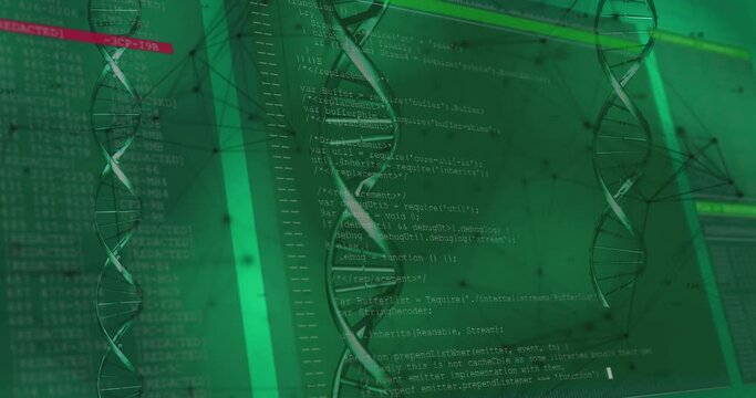 Animation of dna rotating over data, lines and shapes on green background