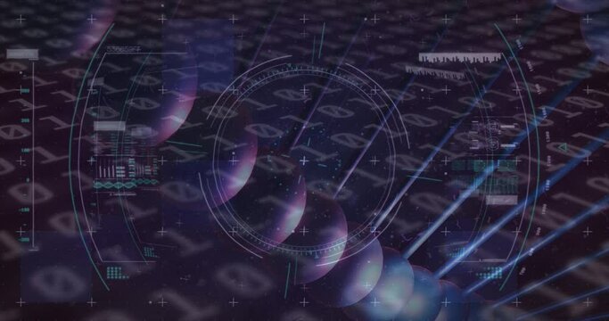 Animation of dna rotating over glitch, binary code on dark violet background