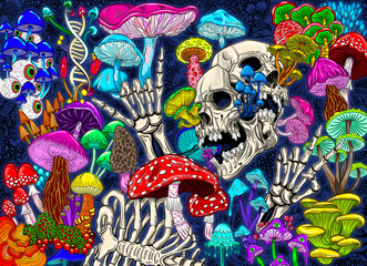 Abstract colorful background with bright magical psychedelic mushrooms and skulls. Hand-drawn print. Hippie magic mushrooms illustration print. Texture background for creativity and advertising - 515789525