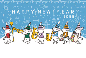 2023年　ウサギの行進カーニバル　年賀状　水色