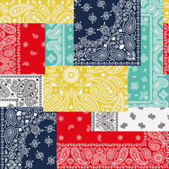 Colorful paisley bandana fabric patchwork abstract vector seamless pattern - obrazy, fototapety, plakaty