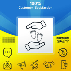 Hands holding baby foot vector glyph color icon. With yellow and blue background option