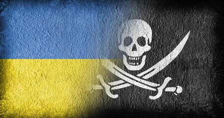 Ukrainian and pirate flag on concrete