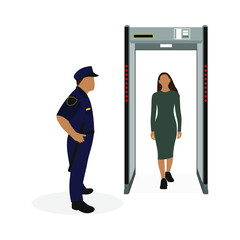 Female character going through the frame of a metal detector while the policman is watching on a white background