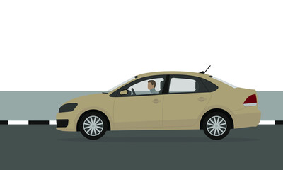 Fototapeta na wymiar A beige passenger car with a driver is parked on the road near the sidewalk