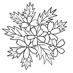 Hand drawn floral flower leaves illustration, black white elegant wedding ornament, Line art minimalism tatoo style design summer spring nature branch foliage blossom.