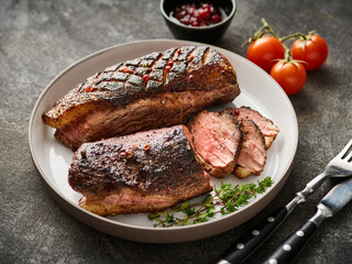 Juicy tasty fragrant roasted duck breast on a white plate with peppers and cherry tomatoes.