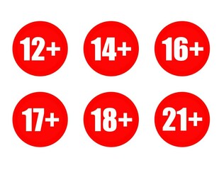 Adults content only age restriction 12, 14, 16, 17, 18, 21 plus years old icon signs set  vector illustration