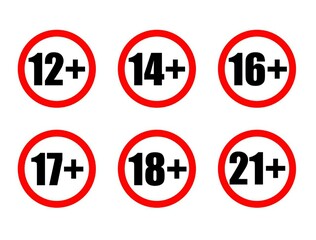Adults content only age restriction 12, 14, 16, 17, 18, 21 plus years old icon signs set  vector illustration