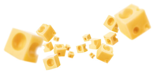 Flying cheese cubes, isolated on white background