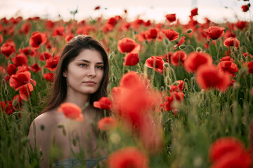 Naklejka premium Young girl in the poppy field. Woman in the coutryside at the summer