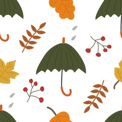 Seamless cozy autumn pattern with umbrella, rain, berries and leaves. Vector illustration for warm fall, printing on clothes, packaging, fabric, paper.