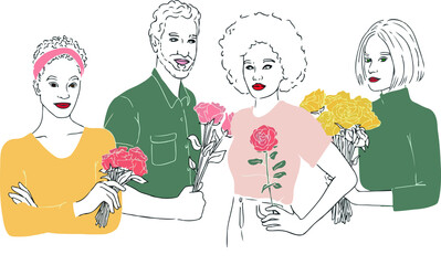 beautiful women and one man with bouquets of flowers on a white background