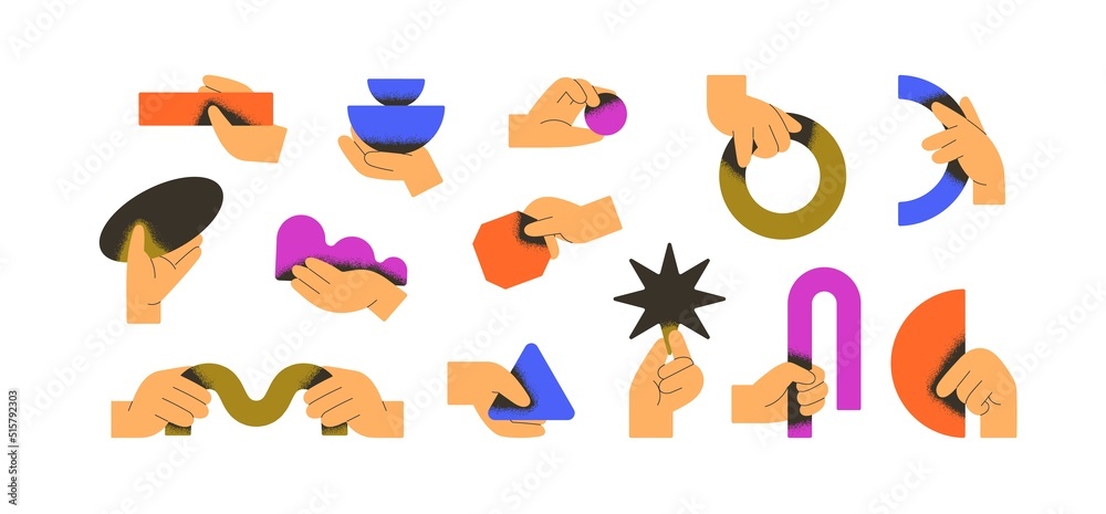 Aufkleber hands holding abstract geometric shapes set. arms with creative minimal figures, geometry elements, 