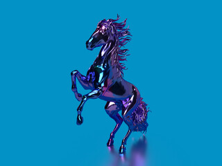 3d render metallic dynamic shiny horse on a blue background in the style of step punk