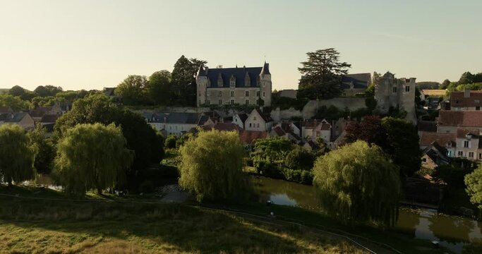 Aerial view of the castle of Montr&eacute;sor during sunset in France.