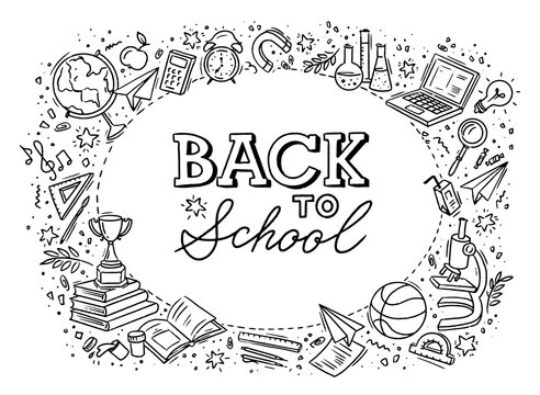 School background with hand drawn school supplies text Back to School lettering vector