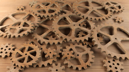 Wooden gears. 3D render.