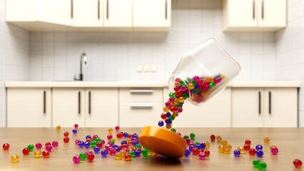 Candyes scattered from a glass jar. 3D render.