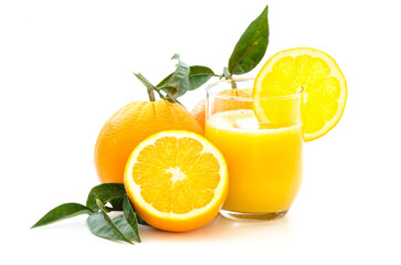 Oranges with fresh juice with leaves and stem on white background