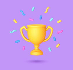 Winners trophy icon. Champion cup with falling confetti