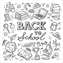 Square Background with hand drawn school supplies and text Back to School lettering. Vector illustration